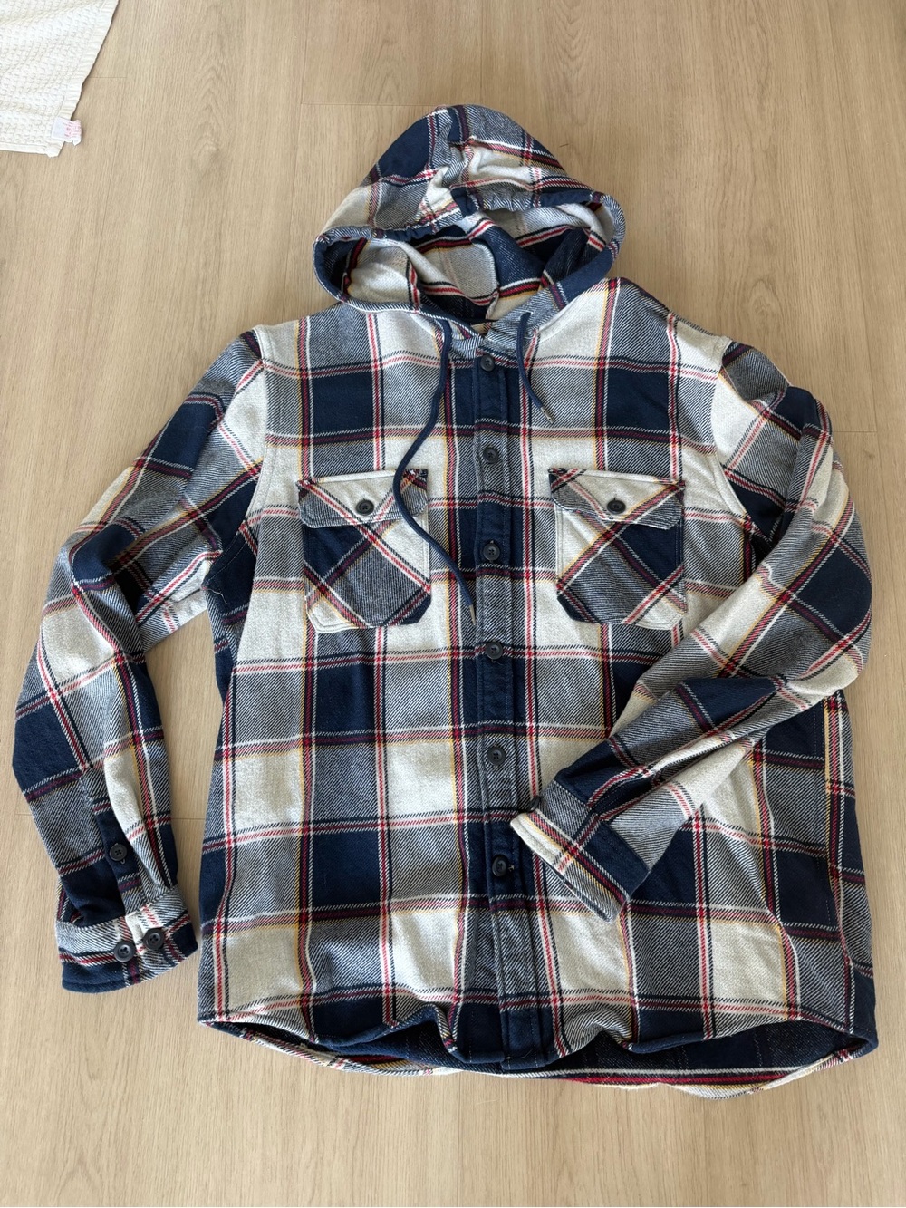 Express Hooded Plaid Flannel Shirt - Navy, White & Red Trim